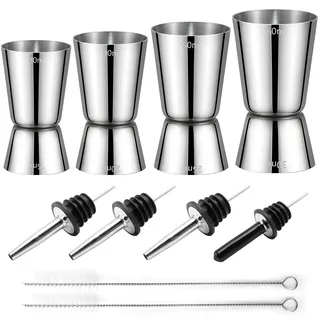 Cocktail Jigger Messbecher Edelstahl Barmaß 3cl/4cl/5cl/6cl Gin Measuring Cups Set Klein Doppelmaß Jigger mit 4 Flaschenausgießer 3 Bürste Zubehör für den Barkeeper