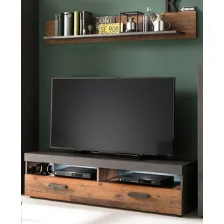 Set "Indy" TV Lowboard und Wandregal in Used Wood mit grau, Breite 140 cm - Grau, Naturbelassen