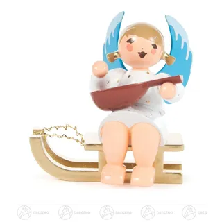 Engel mit Mandoline auf Schlitten sitzend h=ca 5,5 cm NEU Erzgebirge Holzfigur