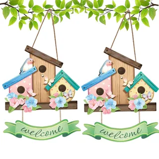2 Stück Frühling Willkommensschild Haustür, Frühlingsdeko Garten, Herzlich Willkommen Schild mit Spruch, Frühlingsdekoration Türkranz, Hängenden Willkommen Deko für Haustür Eingangstür Türdeko