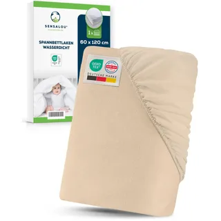 Sensalou Wasserdichtes Spannbettlaken 60 x 120 cm Beige – Matratzenschutz mit Frottee Oberfläche für Babybett und Kinderbett – Geräuscharmer Nässeschutz mit Rundumgummi Öko-Tex Dermatest