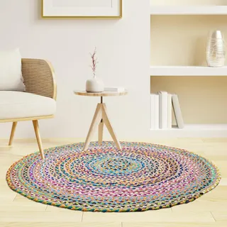 Craft Trade Bunt Waschbarer Boho Jute Teppich Reversibel Geflochten Handgewebt Rund Flickenteppich für Küche Wohnzimmer und Schlafzimmer- 150 cm