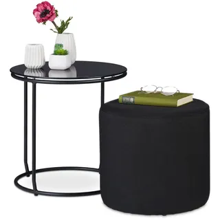 Relaxdays Beistelltisch Schwarz 2-tlg. mit Hocker , Metall, Textil, Glas , 40x40x40 cm , Wohnzimmer, Wohnzimmertische, Beistelltische