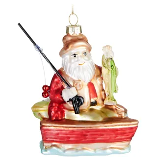 BRUBAKER Angler Weihnachtsmann mit Angel und Fisch Weihnachtskugel aus Glas | Handbemalt und Mundgeblasen - Christbaumschmuck Lustig - Figuren Weihnachtsdeko Anhänger - Deko Baumkugel