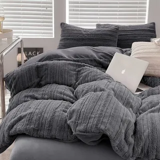 AShanlan Plüsch Bettwäsche 200x200 cm Warm Winterbettwäsche Set Dunkelgrau | Winter Bettbezug mit 2 Kissenbezug 80x80 cm, Cashmere Touch, Flauschig Teddy Fleece, Oeko-TEX Zertifiziert, Reißverschluss