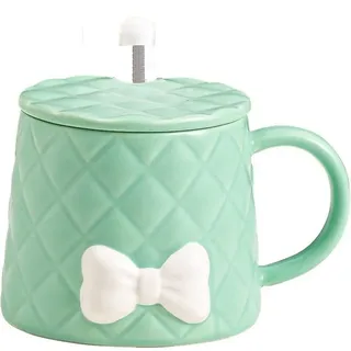 VollfitYYu Kaffeebecher mit Deckel und Löffel 350ml Süße Kaffeetasse mit Schleife Kreative Tasse Kakaobecher mit Henkel für Geburtstag Weihnachten Muttertag Valentinstag (Grün)