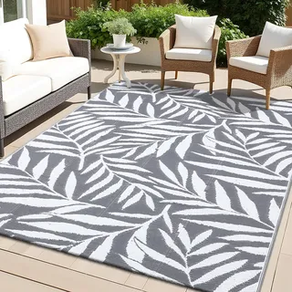 smiry Outdoor Teppich Wasserfest Balkon Camping Teppiche UV-beständig Waschbar Außenteppich Draussen Wendbarer für Terrasse, Garten, Wohnmobil - 120 x 180 cm, Grau & Weiß - Blätter Muster