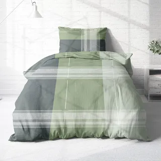 Träumschön Biber Bettwäsche Set 2tlg 135x200 cm + 80x80 cm – Flauschige Bettwäsche Grün/Grau – Weiche Winterbettwäsche Kariert - Atmungsaktiv, Warm & Hautfreundlich - 100% Baumwolle