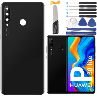 YHX-OU 6.15'' Akkudeckel für Huawei P30 Lite Nova 4E Rückseite Glas Backcover Back Glas Ersatz Reparatur Set mit Kameraobjektiv + Werkzeug (Schwarz)