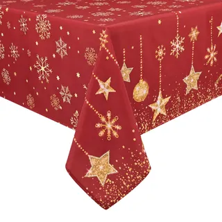 Yrendenge Weihnachten Leinwand rot glänzend Schneeflocke Rentier Sterne Tischdecke waschbar im Freien Tischdecke rechteckig wasserdicht Winter Urlaub Weihnachtsdekoration, Gold 130 x 220 cm