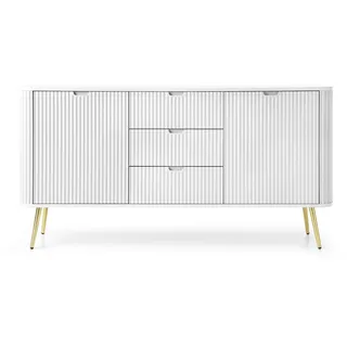 Selsey Zova Kommode Weiß - Modernes Sideboard mit 3 Schubladen & Fächern - Platinschicht Holz & MDF Matt - Goldene Metallfüße - Für Wohnzimmer/Schlafzimmer - Maße: 87x168x39 cm, Höhe Füße: 23 cm