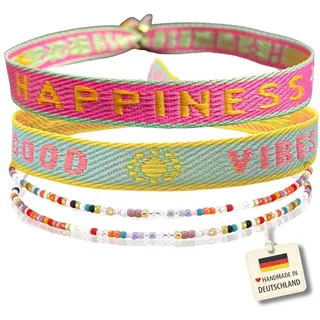 happymaker - Armbänder Set Damen, 4er Set bunte Stoffarmbänder & Perlenarmbände, Sommer Armband, größenverstellbar & wasserfest, Festival & Surfer Style