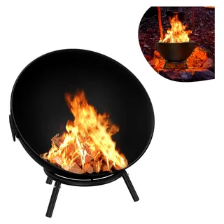 Schwarze Feuerschale für den Garten Ø 62 cm aus Stahl mit flexibel einstellbarem Grillrost und Dreibein-Gestell