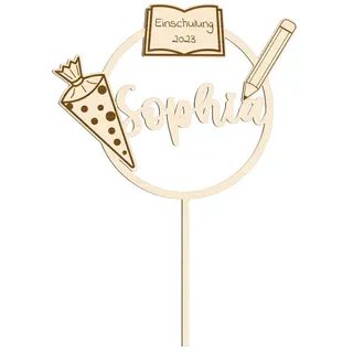 Cake Topper Einschulung personalisiert mit Name – Schultüte Buch Stift – Tortenstecker aus Holz 15 cm – Geschenk Einschulung Mädchen Junge – Schulanfang Deko für Kuchen & Torte