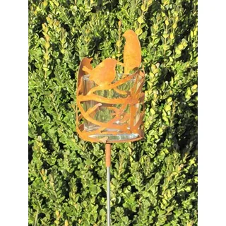 Edelrost Gartenstecker Windlicht Vögel mit Glaseinsatz