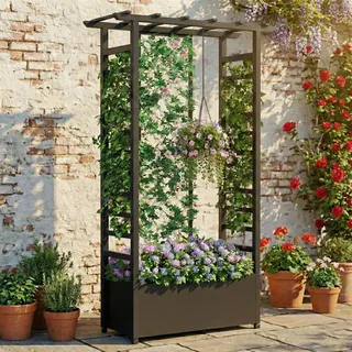 Hochbeet mit Rankgitter und Hängedach, wetterfester Metall-Pflanzkasten mit 4 Rollen und 2 seitlichen Rankgittern für Kletterpflanzen, mobiler Sichtschutz für Terrasse, Balkon und Garten