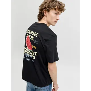 T-Shirt JACK & JONES "JORRIVIERA VINTAGE POSTER BACK TEE SS CN", Herren, Gr. M, schwarz, Jersey, Obermaterial: 100% Baumwolle, bedruckt, regular fit normal, Rundhals, gerader Abschluss, Shirts T-Shirt, mit Print