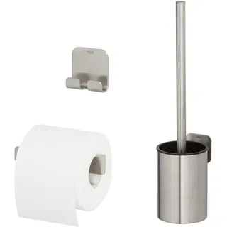 Tiger Colar Badaccessoire-Set, Edelstahl gebürstet, bestehend aus Toilettenpapierhalter zur Wandmontage, Haken und WC-Bürste, Montage ohne Bohren Dank integrierter Klebefolie