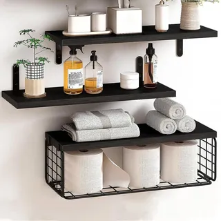 MUNGHOK 3er Set 40cm Wandregal Schwarz, Regalbrett Holz Schweberegal mit Drahtkorb, Regal Wand Holz Wandboard Gewürzregal Hängeregal für Badezimmer, Schlafzimmer, Wohnzimmer, Küche