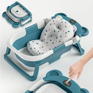 SUPERBE BEBE Faltbar Baby Badewanne Mit Rutschfestem Badekissen - Babywanne XXL Mit Baby Badewannensitz & Badethermometer - Von Der Geburt Bis 3 Jahre - Baby Bathtub - Geburtsgeschenke Für Mädchen & Jungen