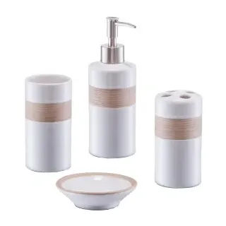 Zeller Bad-Accessoires-Set in Geschenkverpackung, 4-teilig, Seifenspender, Seifenschale, Zahnputzbecher, Utensilienhalter, Farbe: beige / braun, Material: Keramik
