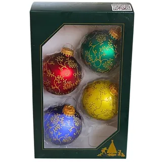 Dekohelden24 Lauschaer Christbaumschmuck - 4er Set Kugeln, Christbaumkugeln Lauscha, Glaskugeln, Edle Weihnachtsbaumkugeln mit Glitterdekor in 4 Farben, aus Lauscha 7 cm, mit goldenem Krönchen.