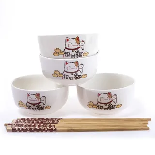 Lachineuse - Set mit 4 Schalen japanischen Katzen – Reisschüsseln, Frühstück & Suppe – mit Essstäbchen – Geschirr Katze Maneki Neko Glücksbringer – originelles Geschenk – Kawaii Japan – Weiß