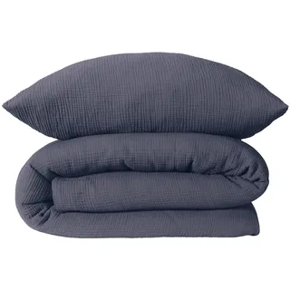 SCHIESSER Bettwäscheset Molly - Musselin - 2-teilig - 135 x 200 cm - 100% Baumwolle | Reißverschluss | 80x80cm | Indigo