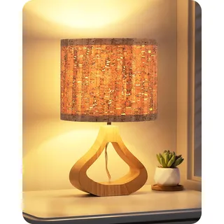 EDISHINE Nachttischlampe Holz, Tischleuchte mit Lampenschirm in Rindenoptik und Holzsockel in Flaschenform, E27 Fassung inkl. LED-Birne, 34 cm, Boho Tischlampe für Wohnzimmer, TV-Schrank, Korkbraun