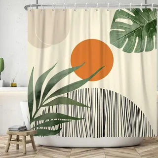 ASDCXZ Boho Duschvorhang 180x180 cm, Modern Abstrakt Kunst Orange Sonne Grün Blätter Schwarz Linie Gelb Bad Waschbar Duschvorhänge Polyester Textil Wasserdicht Duschvorhang für Badewanne mit 12 Haken