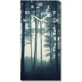 Wanduhr aus Glas – 30x60 cm - Glasbild - Glasuhr - Gehärtetes Glas -Nebel im Wald - Schwarz