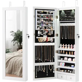 Schmuckschrank mit Spiegel, an der Wand oder Tür montierter Schmuck-Organizer mit Ganzkörperspiegel, interner LED-Beleuchtung, Weiß - Weiß