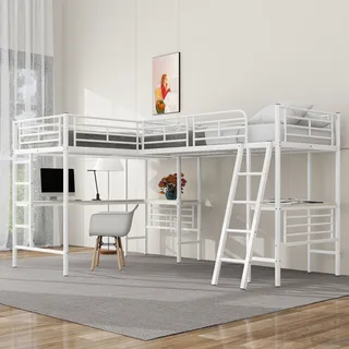 STILVORA Hochbett 90 x 200 Doppelbett Metallbett mit Doppeltreppe, Jugendbett Werkbank und Tisch unter dem Bett,Weiß (mit 1*Matratze) - Weiß