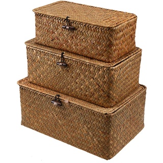 Esoes Aufbewahrungskorb aus geflochtenem Rattan, Aufbewahrungsbox mit Deckel, Seegras, Wäschekörbe, Make-up-Organizer für Badezimmer, Wohnzimmer, Küche