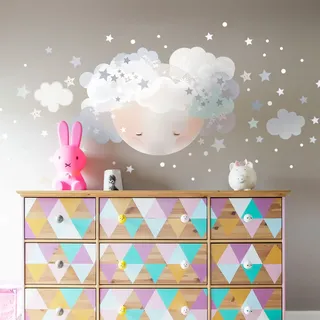 Wandsticker Kinder Dekoration Babyzimmer Wandtattoo Kinderzimmer Wandaufkleber Mond Boho Wolken Sterne H60 x 90 cm