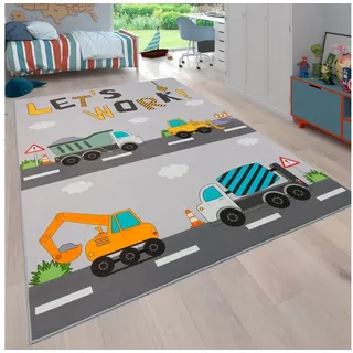 Paco Home Kinderteppich Bino 578, rechteckig, Höhe: 4 mm, Spielteppich, Motiv Autos & Baustelle, Kinderzimmer grau 160 cm x 220 cm x 4 mm