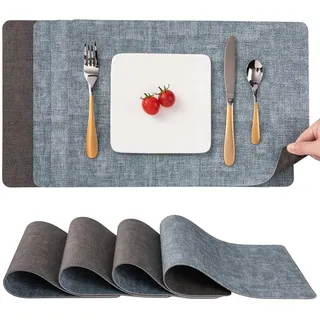 Myir JUN Tischsets Abwaschbar und Untersetzer 4er Set, Platzsets Abwaschbar Doppelseitig Bedruckt Kunstleder Schmutzabweisend & rutschfest, Platzdeckchen Abwischbar Lederoptik für Küche & Esszimmer