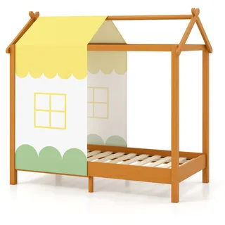 COSTWAY Hausbett mit abnehmbarem Betthimmel & Lattenrost, Kinderbett aus Holz, Holzbett für Kinder, 70 x 140 cm