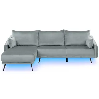 Beliani Ecksofa Samtstoff Grau mit LED-Beleuchtung rechtsseitig
