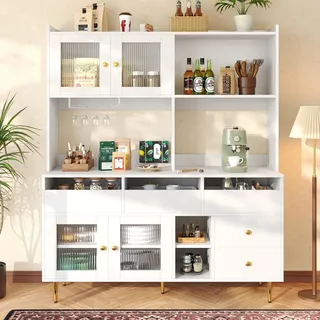 Flieks Küche Hochschränke Küchenbuffet mit Glastür, Küchenschränke Buffet mit Weingestell, Buffetschrank Highboard mit Offenen Staufächern, Weiß - Weiß