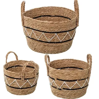 DRW Set mit 3 Körben aus Seegras und natürlicher Baumwolle, weiß und schwarz, Ø 34 x 25 + ø29 x 21 + Ø 26 x 19 cm