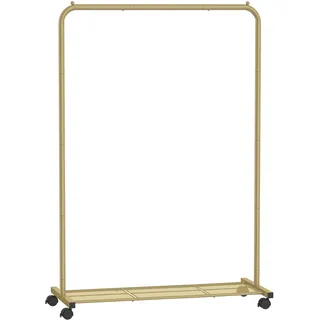 SONGMICS Kleiderständer mit Rollen, Kleiderständer zum Aufhängen von Kleidung, 25,4 mm Metall Kleiderständer mit dichtem Netz-Aufbewahrungsregal, 49.9 kg Tragkraft, 2 Bremsen, Gold UHSR025A01