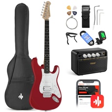 Donner E-Gitarre Set 39 Zoll mit Verstärker, Tasche, Capo, Gurt, Saiten, Tuner, Kabel und Plektren (Rot)