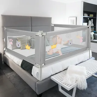 Jopassy Bettgitter Kinder Bettschutzgitter Höhenverstellbar 200cm Rausfallschutz Bett für Kinder, Kinderbettgitter mit luftiges Netz, für Familienbett und Kinderbett - Grau