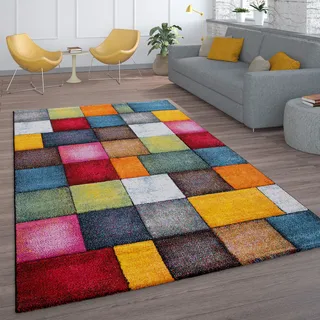 Paco Home Teppich Bunt Karo Design Vierecke Mehrfarbig Farbenfroh, Grösse:120x170 cm