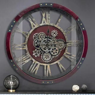 DORBOKER Wanduhr mit original beweglichen Zahnrädern, große industrielle Wanduhr aus Holz als Wohnzimmerdekoration, Vintage, Landhaus, Steampunk, rustikal, Kirschrot, 76 cm