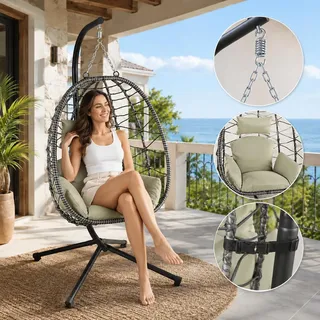 Makika Hängesessel mit Gestell höhenverstellbar aus Polyrattan in Grün / Grau - Grün, Grau