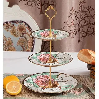3-Etagen-Keramik Vintage Kuchen Stand mit schönen klassischen Rose Muster, Lebensmittel Rack für die Anzeige von Kuchen-Platte (White Gold Rim)