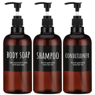 Segbeauty 500ml Shampooflasche Nachfüllbar, 3pcs 16.9oz Shampoospender mit Etikett, Leere Pumpflaschen für Körperseife Shampoo Conditioner Dusche, brauner Plastikpressespender
