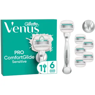 Gillette Venus Pro Comfortglide Sensitive Rasierer Damen, Nassrasierer mit Einem Hauch von Aloe Vera — Inkl. 6 Ersatzklingen, Langlebiges Metallhandstück und Duschhalterung — Silber